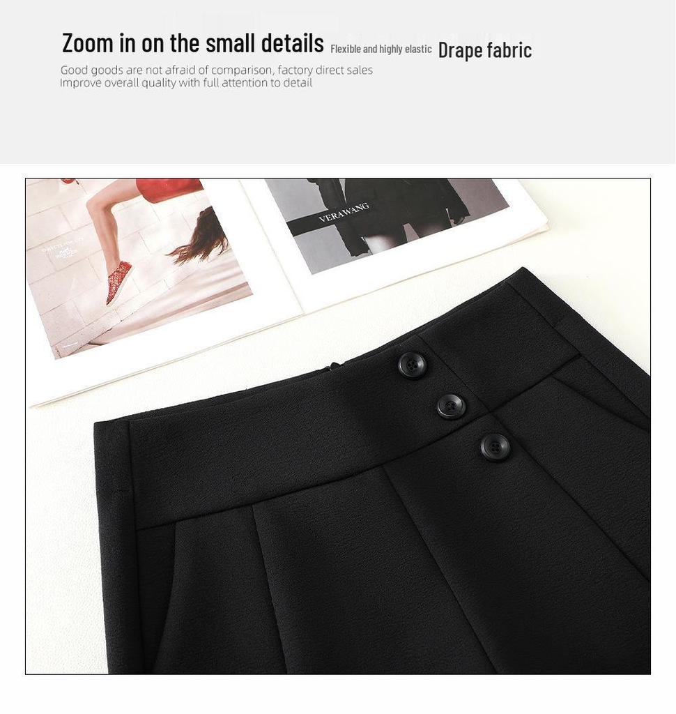 Women's 2024 High-Waisted Black Wide-Leg A-Line Suit Pants for Spring and Autumn.