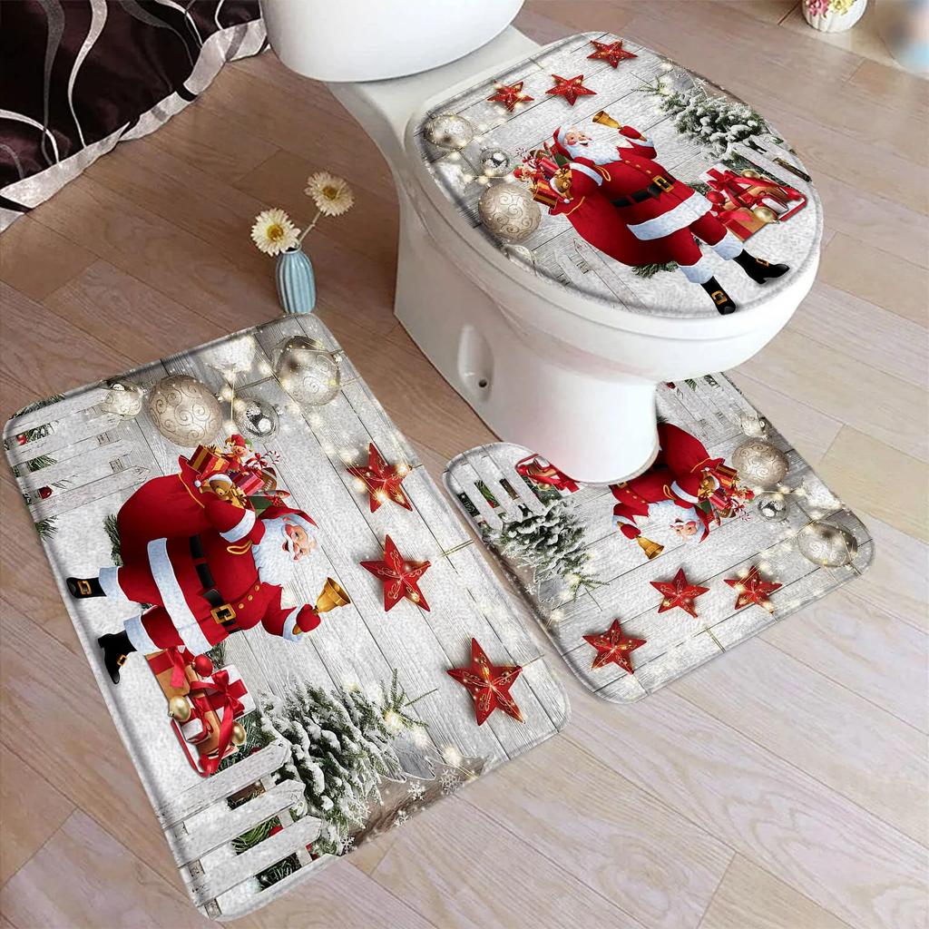 Red Christmas Shower Curtain Set Funny Santa Claus Gift Green Pine Branches Xmas Balls Home Bathroom Decor Bath Mat Toilet Cover