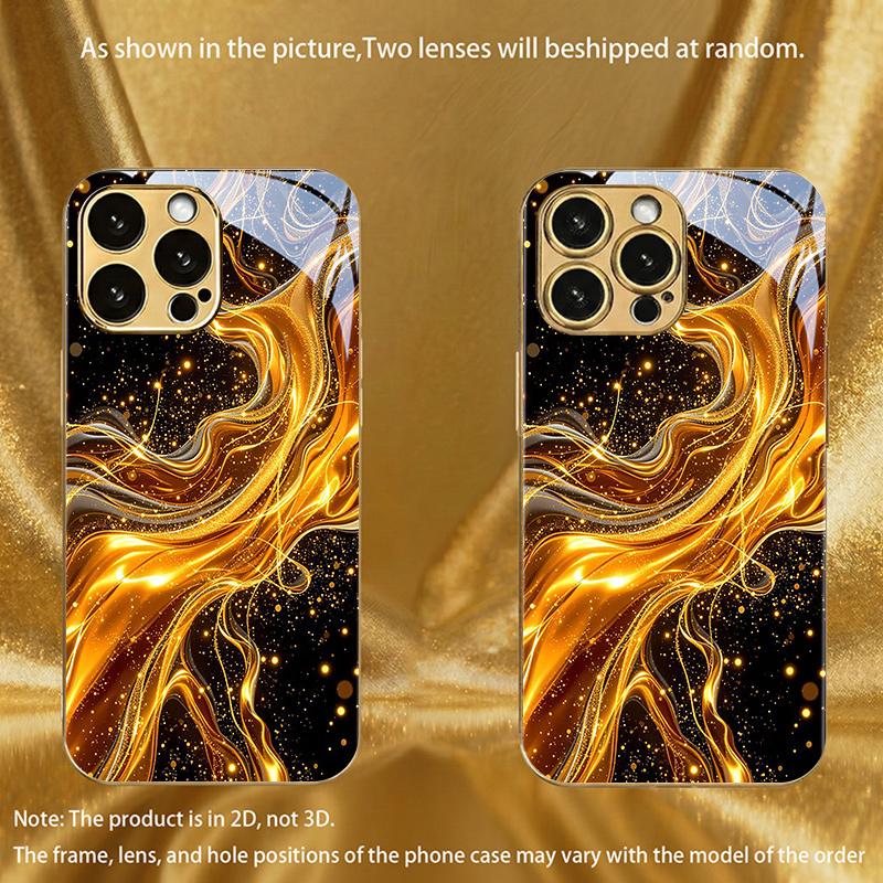 Funda de teléfono premium de cristal galvanizado para iPhone 17, 16, 15, 14, 13, 12, 11pm Pro Plus. Diseño de meteorito y luna dorados.