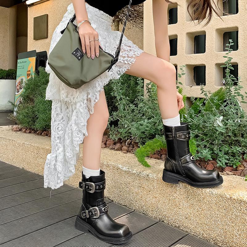 Source Factory~ Cool Girl~ Leather Square Head Medium Boots Maillard Locomotive Boots Midheel Western Cowboy Boots Tide