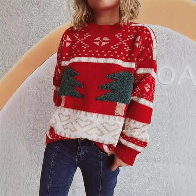Christmas Sweater Women's Casual Round Neck Knitted Christmas Tree Cartoon Jacquard Holiday New Year Sweater 3517 KTB