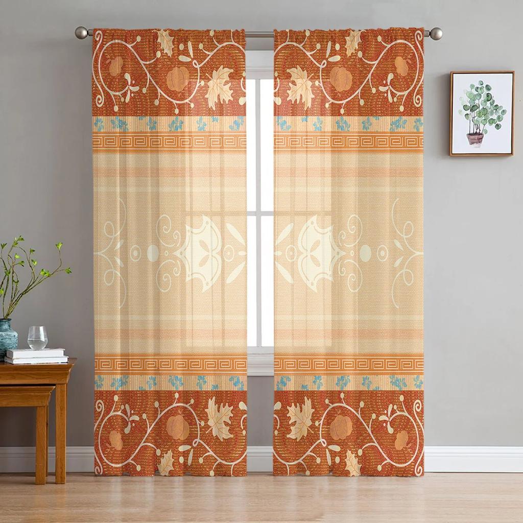Boho Ethnic Pattern Pumpkin Maple Leaf Tulle Window Curtain  Livingroom Printed Sheer Curtain Home  Window Panels Chiffon Drapes