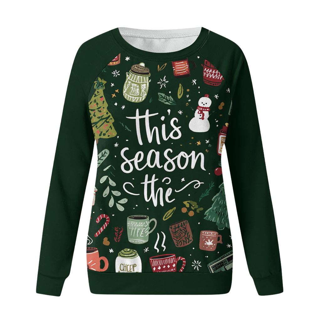 Women's Fashion Casual Long Sleeve Christmas Printed  Neck Sweatshirt Top