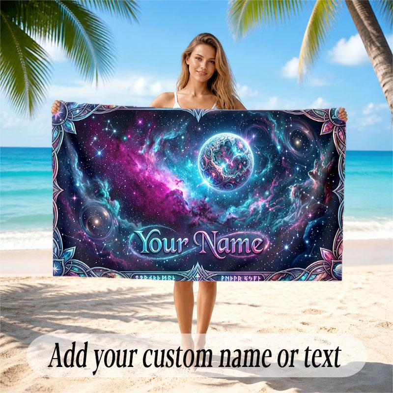 Space Cosmic Theme Soft Beach Towel Personalized Custom Name Text Towel Portable for Beach Pool Travel
