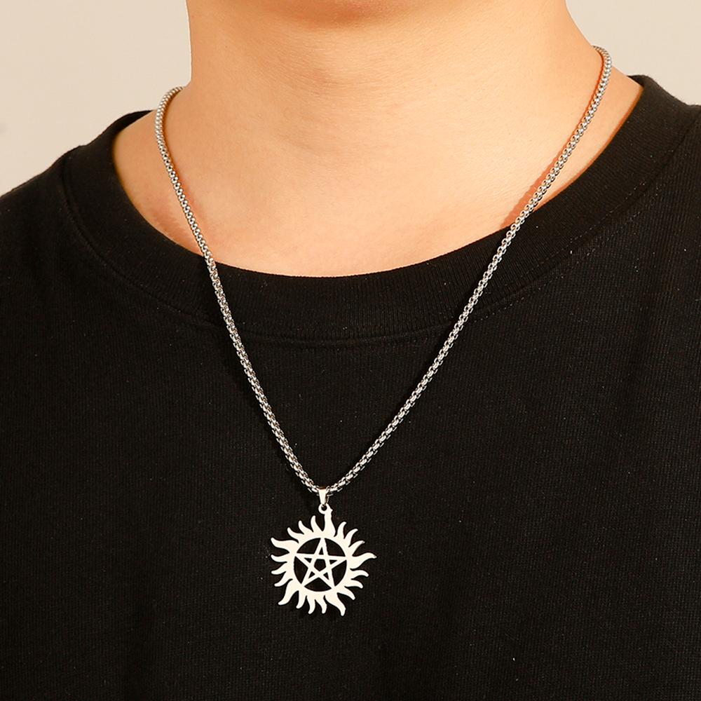 Cazador Sun Wheel Pentagram Charm Necklace for Women Men Supernatural Dean Amulet Sweater Chain Stainless Steel Collars Couple