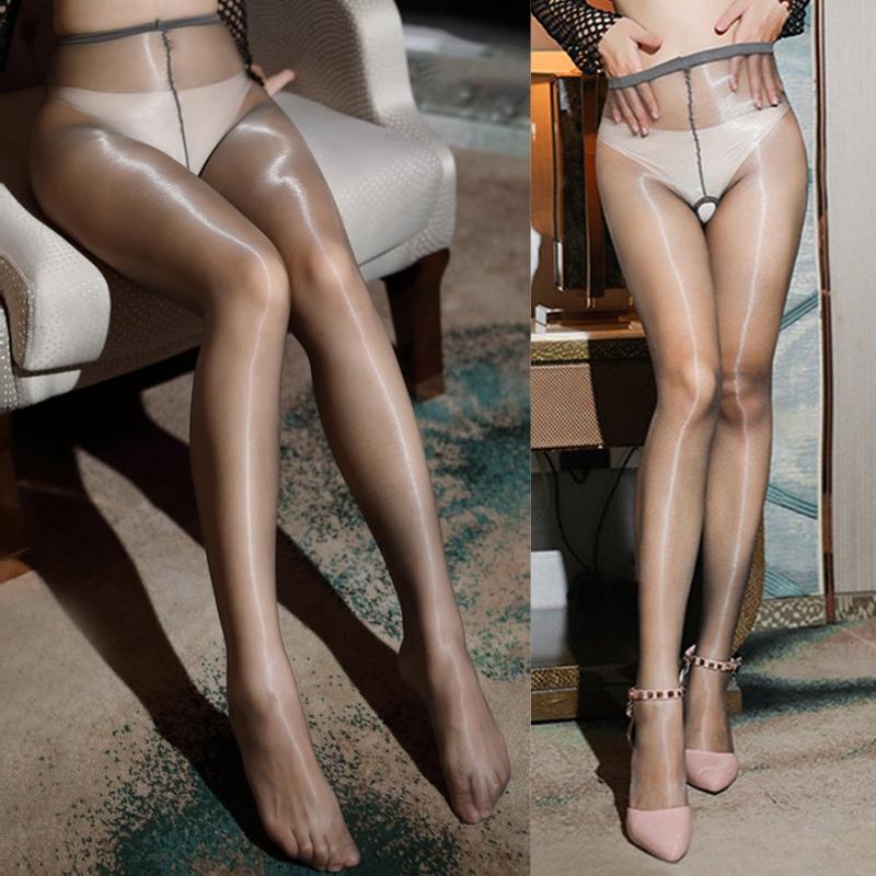1D Oil Shiny One Line Open / Close Crotch Tights Women Sexy Ultra Thin Transparent Nylon Pantyhose Pole Dance Clubwear