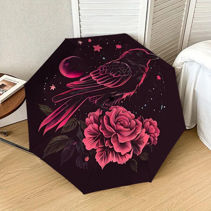

1pc Crow Roses Automatic Folding Umbrella 8 Rib Iron Frame, Compact Portable Umbrella Suitable for Travel, Daily Use, Birthday, Women & Men Gift 025