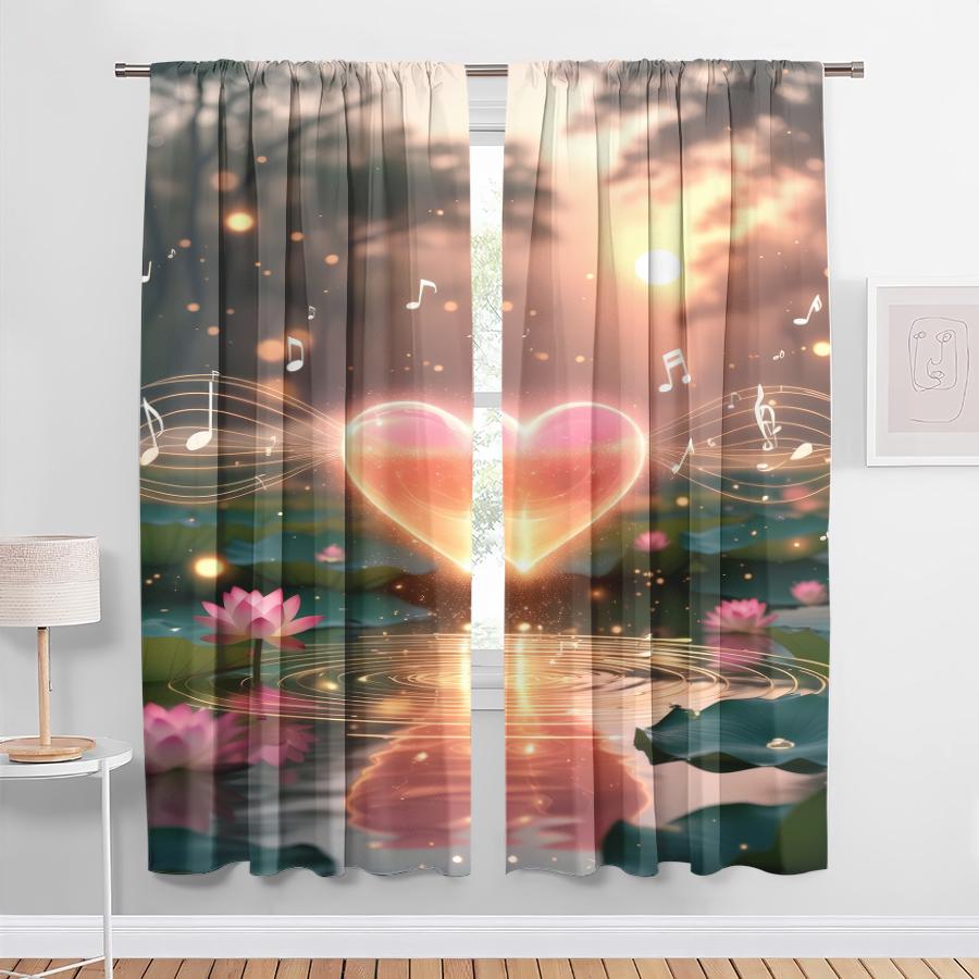 2PCS Lotus Pond Heart Rhyme Music Symbol Curtains   Sweet Wind   Bedroom and Living Room   Drawbar Pocket Decorative Curtains