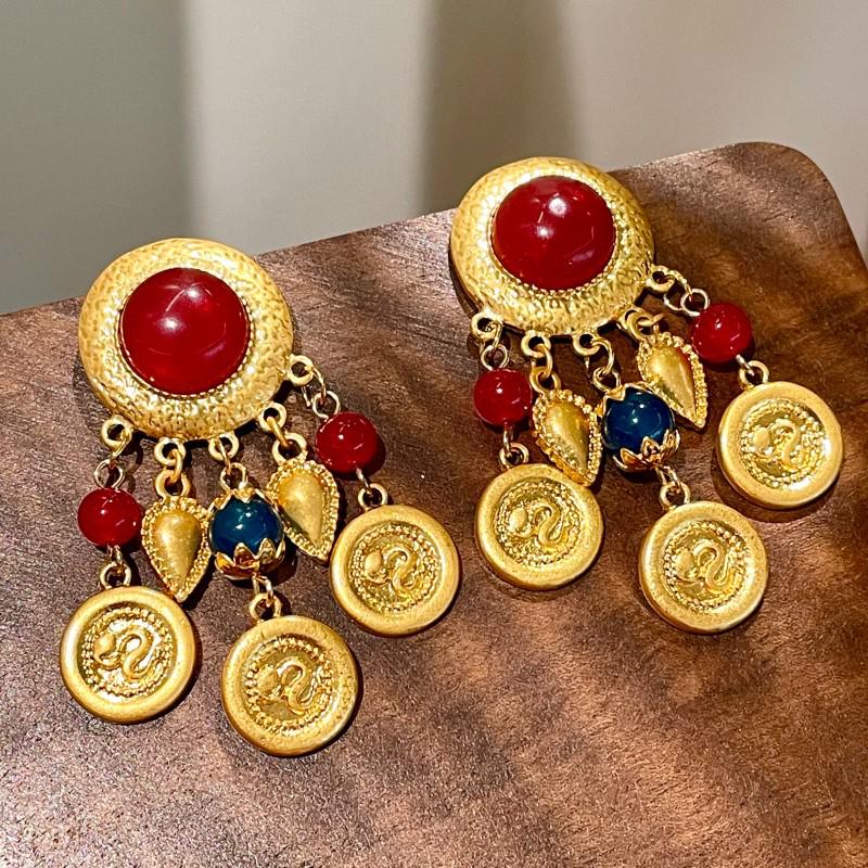 Vintage Retro Colorful Crystal Tassel Earrings with Heart and Coin Pendants for Women