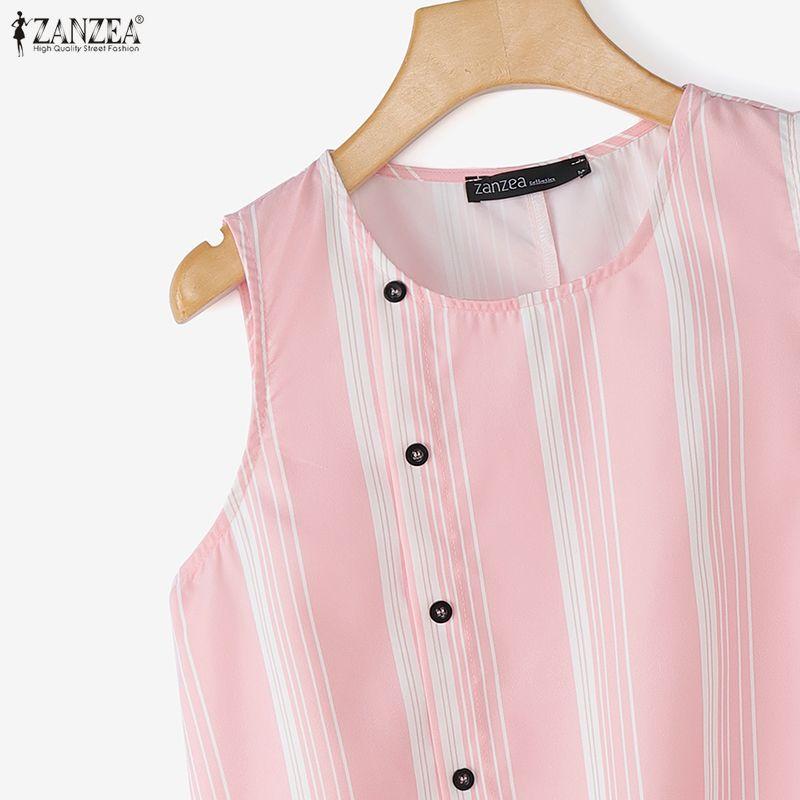 ZANZEA Women Casual Round Neck Loose Stripe Sleeveless Tank Tops
