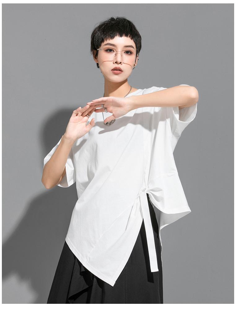 Summer Casual Irregular T-Shirt with Woven Stripes and Loose Short Sleeves