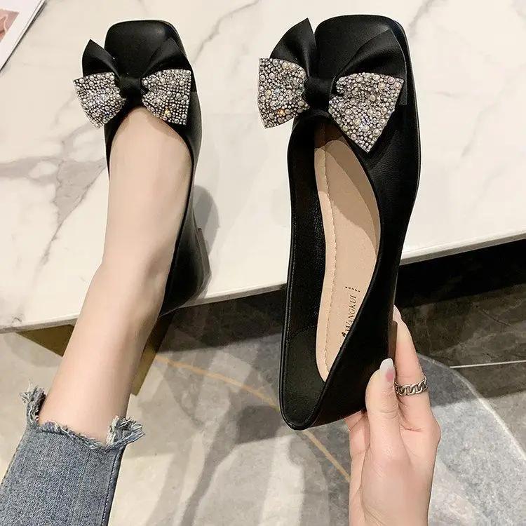 Fashion Low Heel Elegant Kawaii Woman Flats Square Toe Cute Shoes for Women with Bow Vintage Casual Clothing Trend 2025 Chic Stylish Y2k