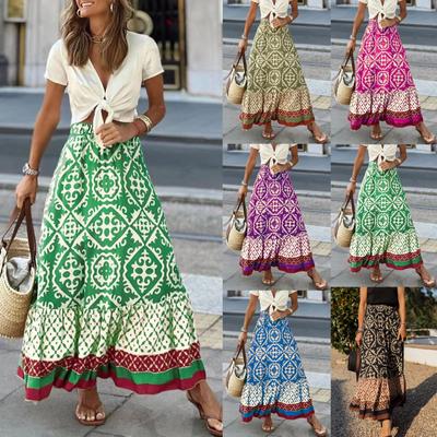 Women's Fashion Bohemian Print Elastic Waist Skirt Loose Casual High Waist Large Hemline Skirt