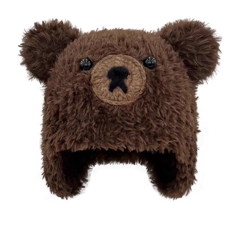 Korean Cartoon Bear Ear Plush Knitted Cap for Women's Autumn and Winter New Style Cute Warm and Versatile Pullover Cap