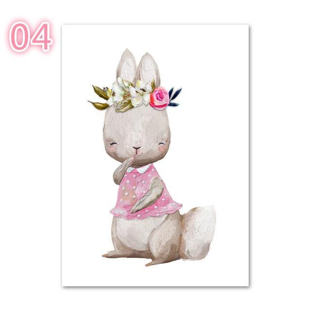 Watercolor Rabbit Fox Balloon Flower Posters Wall Art Canvas Painting Simple Nordic Prints Cartoon Animal Pictures Kids Room