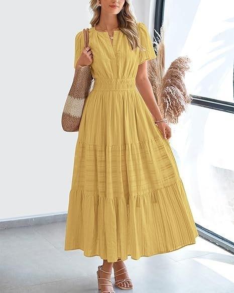2026 Spring and Summer European and American Women's Fashion V-neck Pleated Bubble Sleeves Layered Pendulum Dress Women