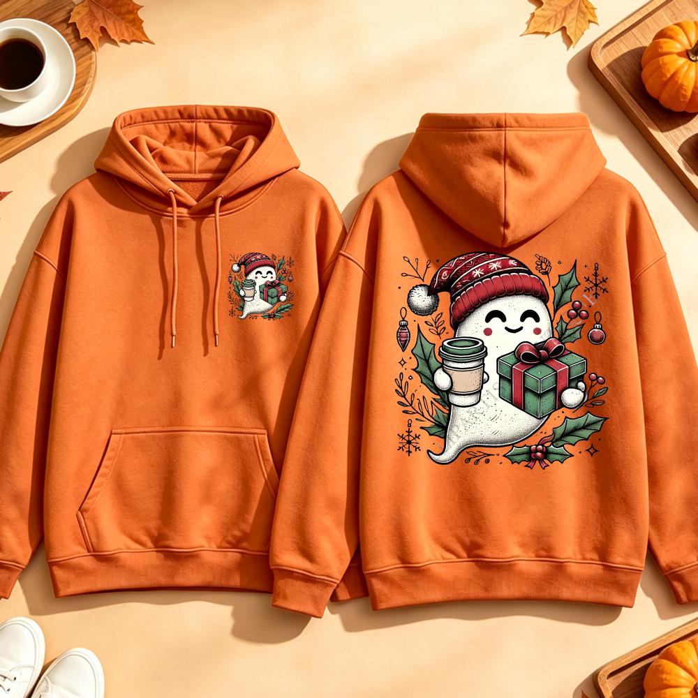 Cute Ghost Coffee Christmas Sweatshirt Santa Hat Gift Graphic Pullover Spooky Xmas Casual Loose Tops Men Hoodies Women