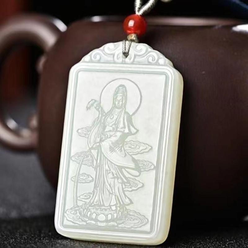 Pendant Green and White Guanyin Brand Square Solution Necklace