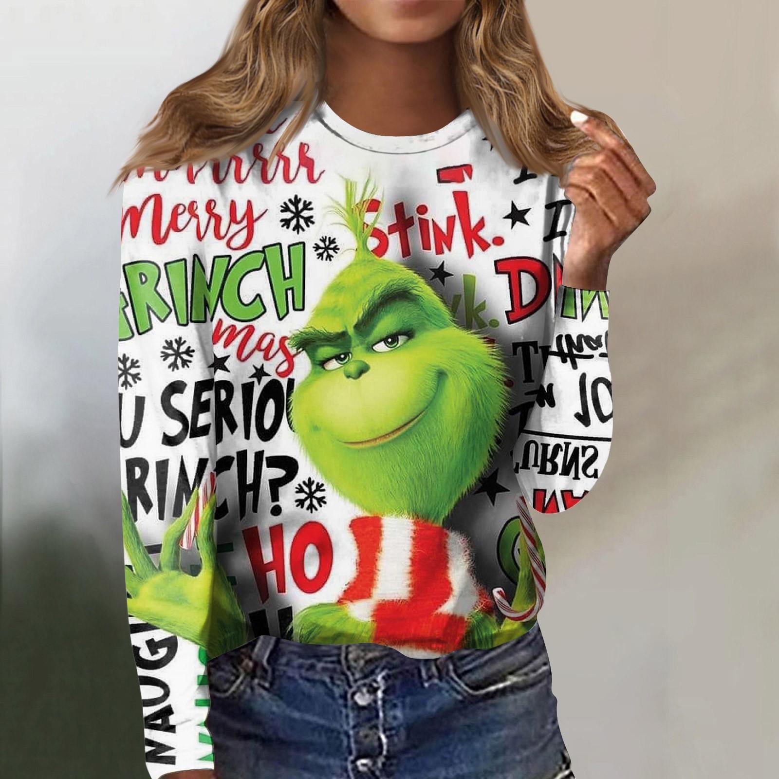 Женская мода повседневная блузка с длинным рукавом и рождественским принтом пуловер с круглым вырезом XL армия зеленый 1368₽