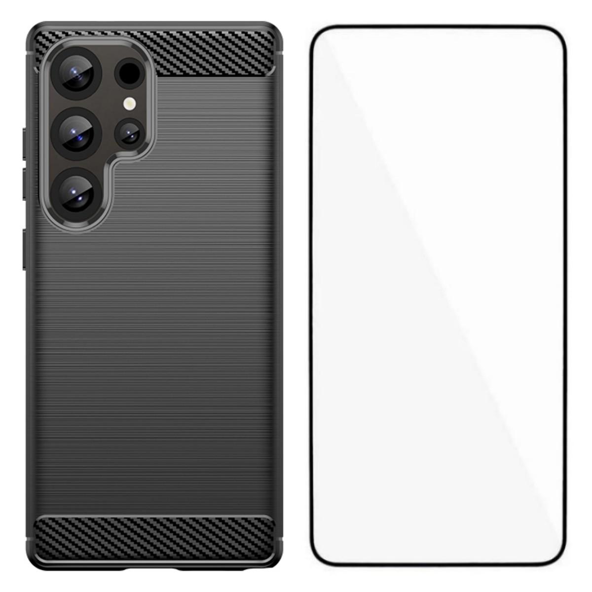 

For Samsung Galaxy S25 Ultra Case with Screen Film WANLONFENG LS Series Big Lens Hole Brushed Texture TPU Phone Cover Black