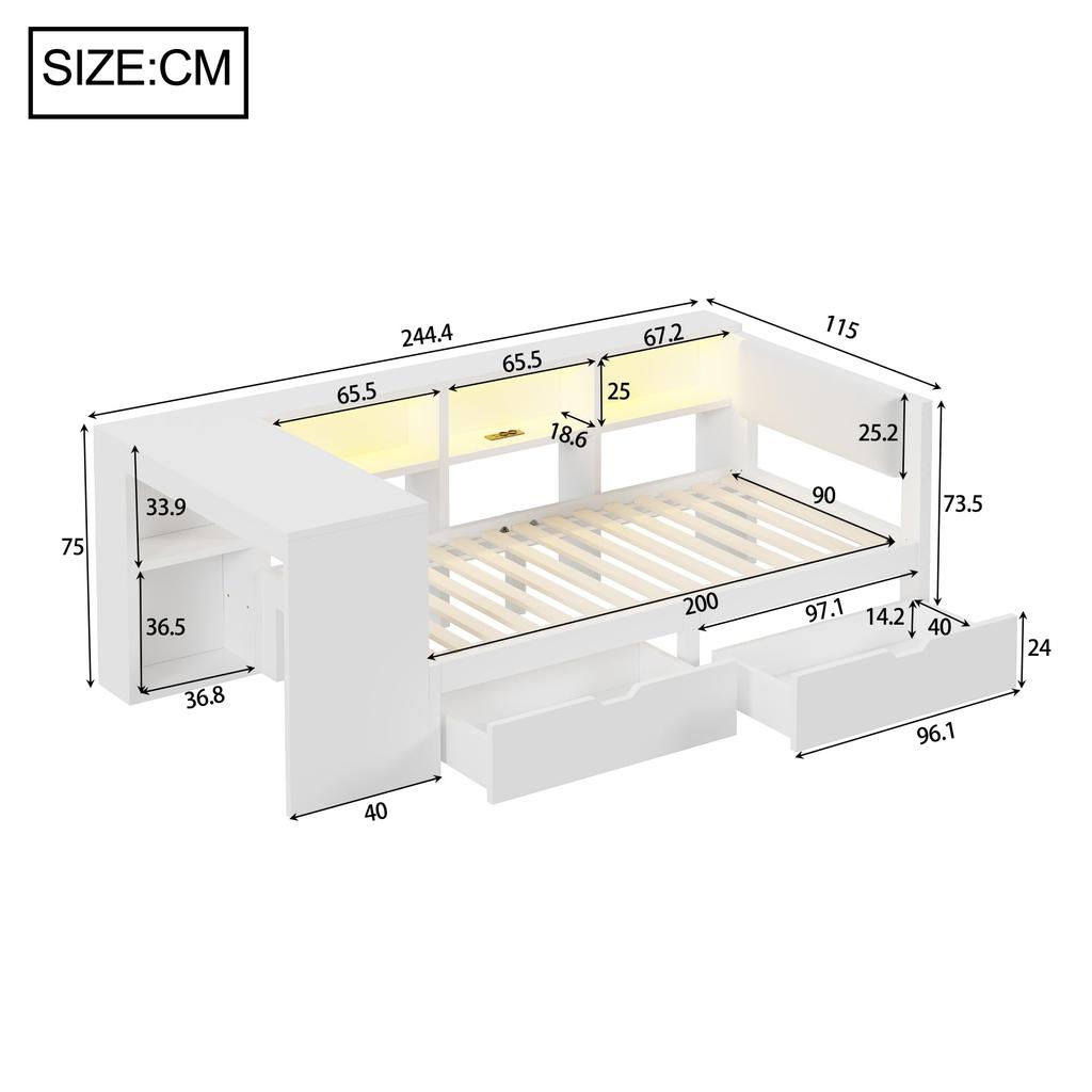Children's Bed 90x200 Wood Single Bed Slatted Frame Storage Space USB LED Light Desk 2 Drawers Storage Compartments Shelves Daybed White
