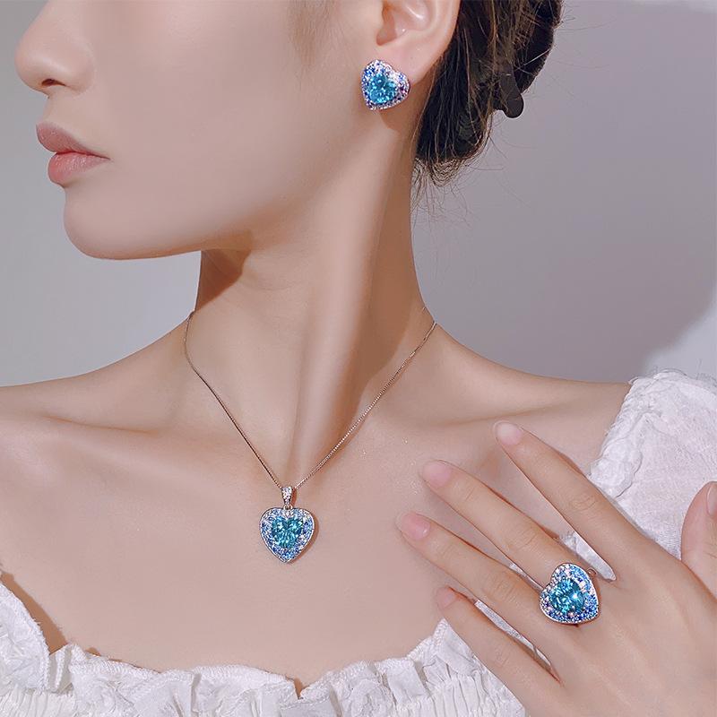 Jewelry Set Jewelry Classic Ocean Heart Earrings Necklace Ring Aquamarine Women