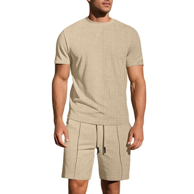 Men's Casual 2 Piece Textured Grid Knit Outfit Crew Neck Short Sleeve T-shirt & Elastic Waist Drawstring Shorts Loungewear Set Navy Blue