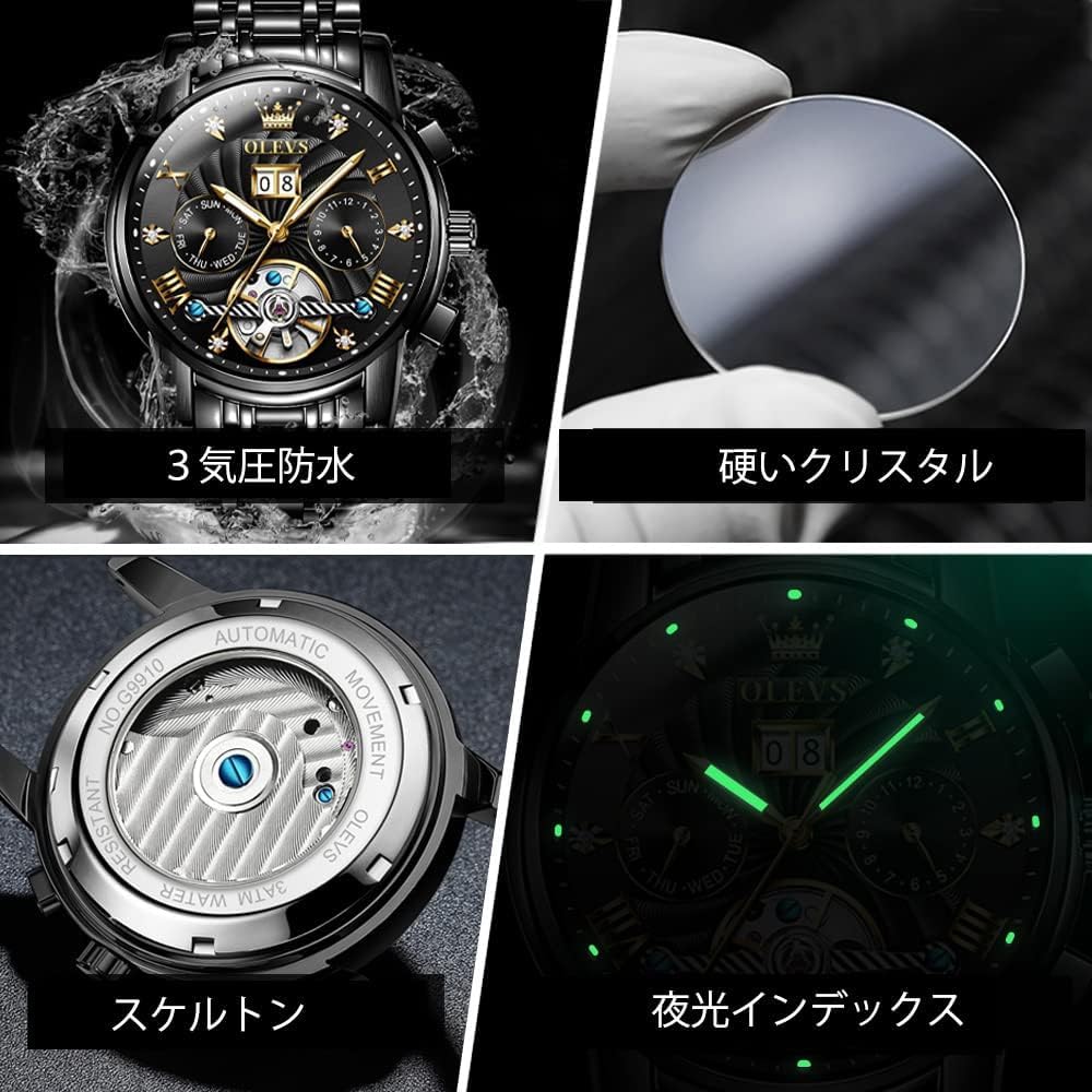 OLEVS Men's Automatic Skeleton Watch Black Waterproof Date Luminous Business Fashion Wristwatch