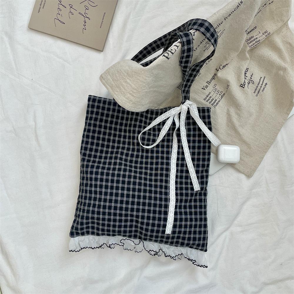 

Новая нишевая женская кружевная сумка-тоут с бантом и клетчатым принтом через плечо, женская сумка-тоут большой вместимости чёрный