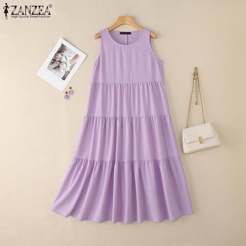 ZANZEA Women Summer Round Neck Loose Casual Sleeveless Dress