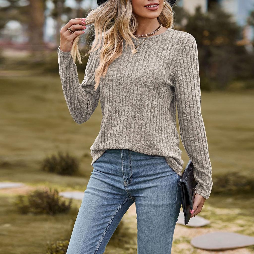Women Fashion O Neck Long Sleeve Tops Knitted Ribbed Color Spring Blouse