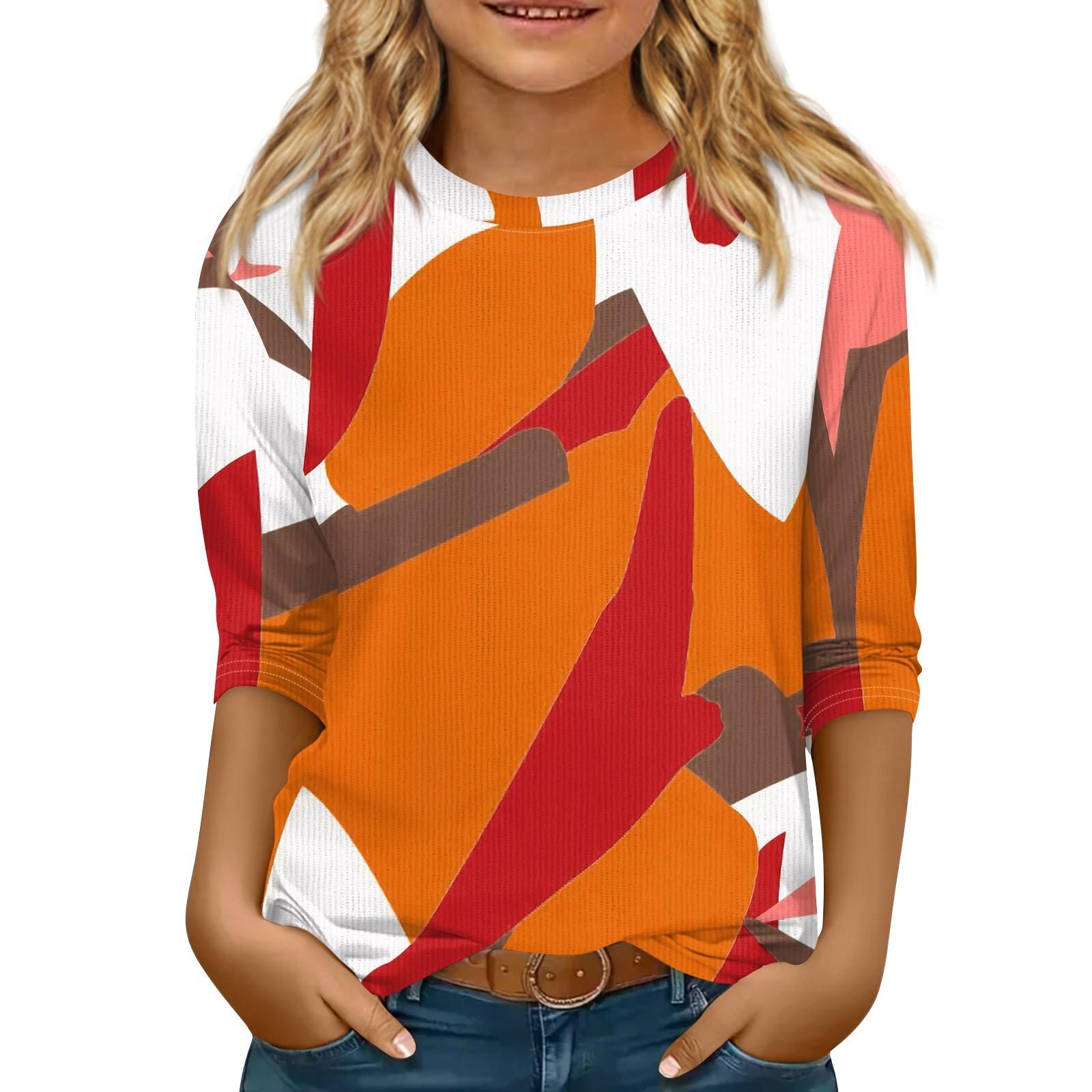 

Детская трикотажная повседневная футболка с рукавом 3/4, блузка с круглым вырезом и принтом 140 оранжевый