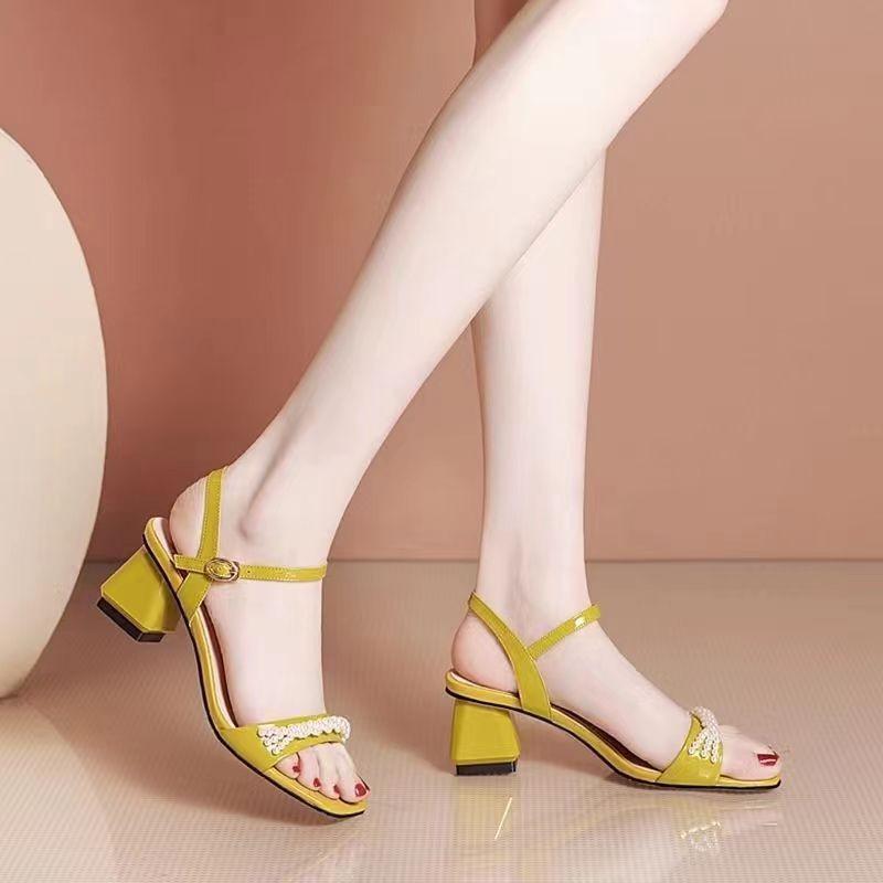 2024 Women's Elegant Open Toe Summer Casual Sandals Fashionable Thick High Heels One Line Buckle Beads Light Weight Lady's Shoes