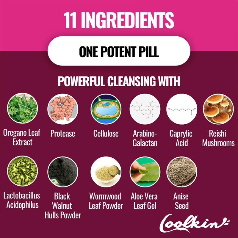 Coolkin Complex Capsules, containing oregano, aloe vera extract, probiotics, and digestive enzymes, suitable for adults.