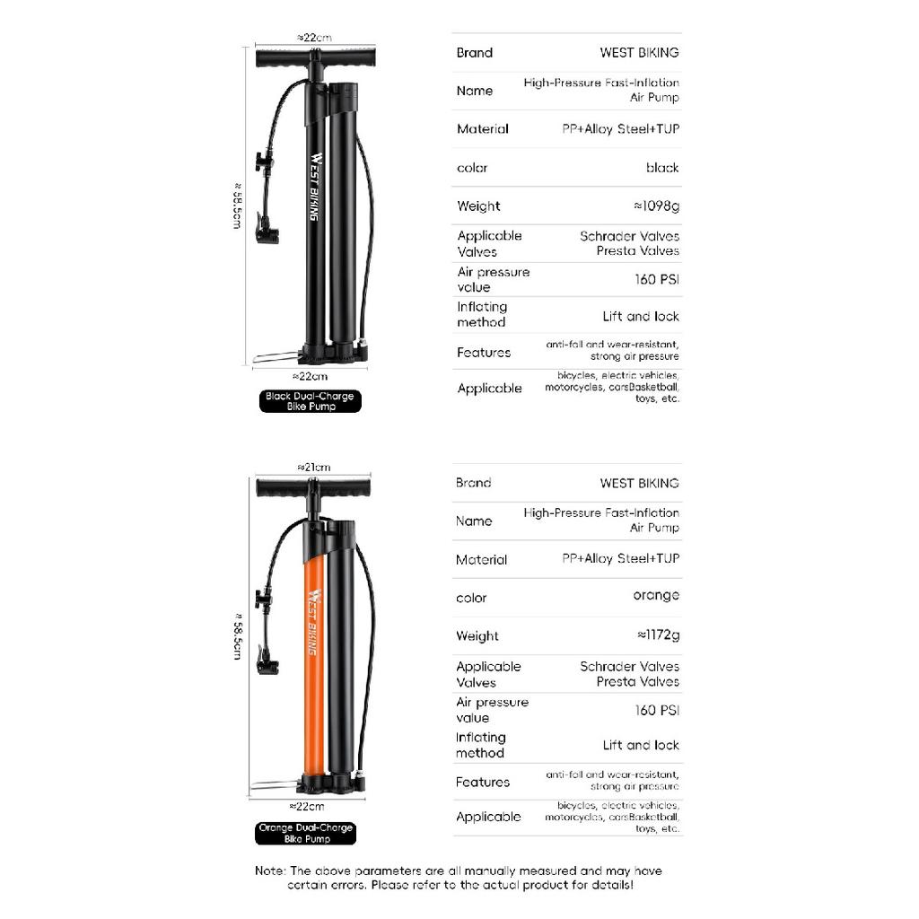 WEST BIKING Bicycle Pump 160PSI High Pressure Floor Pump Fast Inflation Blast Pump With Pressure Gauge MTB Road Bike Accessories