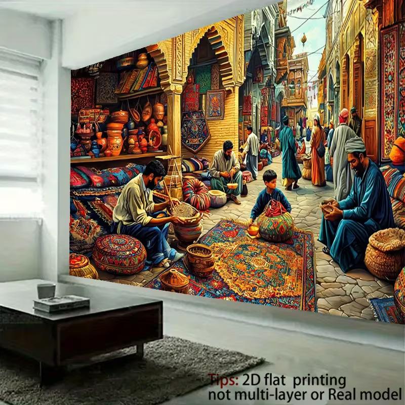 2D Detailed Oriental Market with Rugs, Pottery and Artisans Background