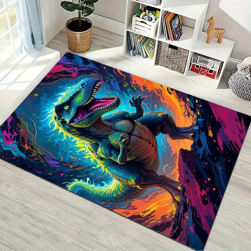 Neon Colorful T‑Rex Dinosaur Print Area Rug Non‑Slip Rectangular Floor Mat Prehistoric Beast Decor Rug for Gaming Room Bedroom Living Room