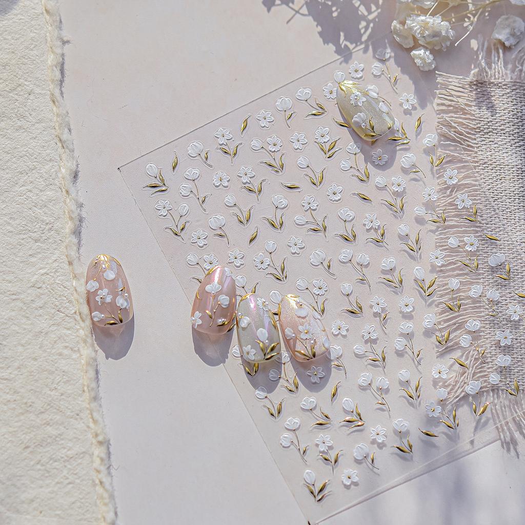 Gold Leaf White Flower Bouquet Floral Petal Tulip Bloom Charming Retro Metal Self Adhesive 5D Nail Art Sticker Manicure Decals