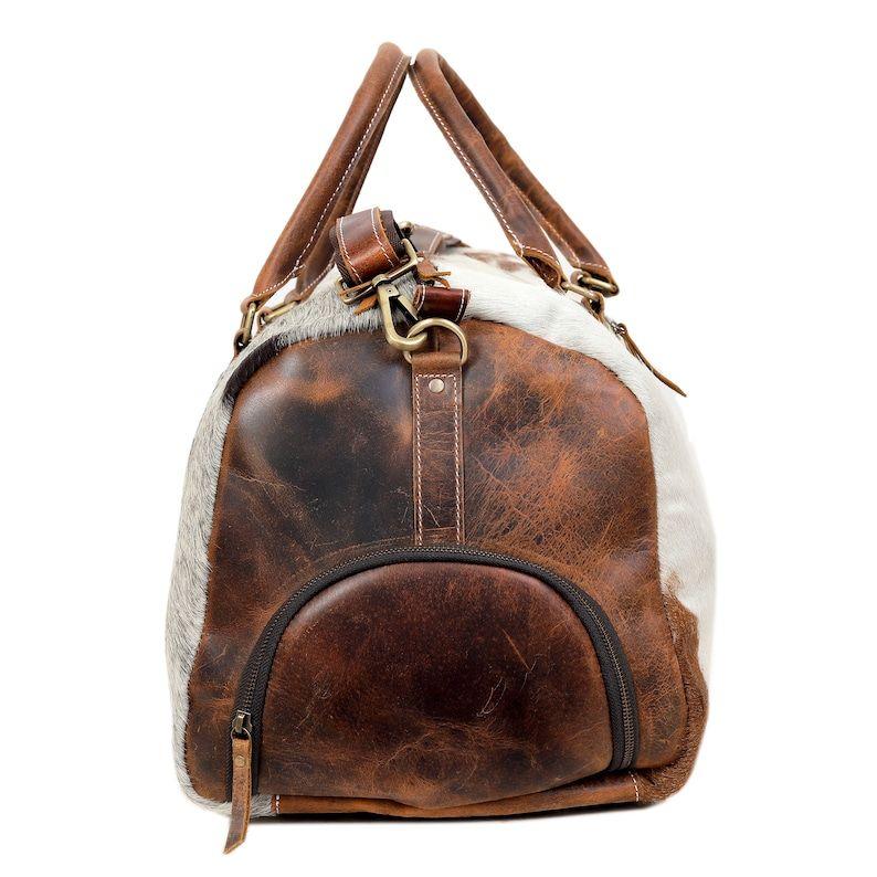 Real Cowhide Leather Duffel Bag Large Cowhide Travel Bag Cowhide Patchwork Bag Brown Leather Weekender Gym Bag Overnight Bag, Carry On Bag