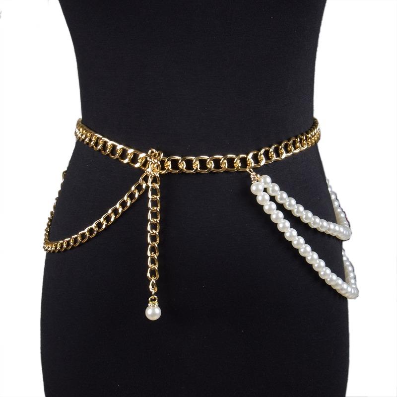 Meier Metal chain pearl tassel decorated thin waist chain fashioneasiest for match jewelry belt 115cm