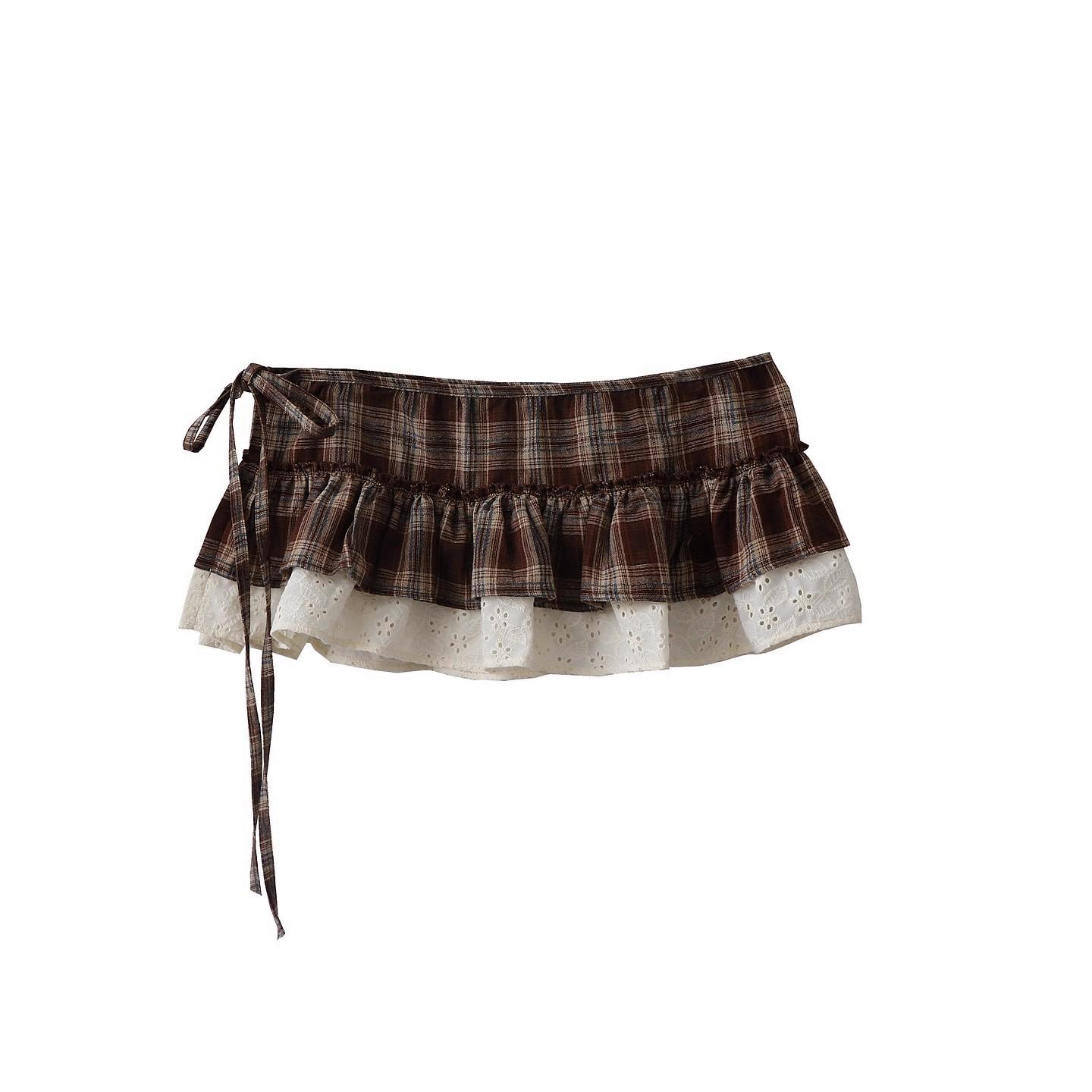 

Women s Retro Plaid Embroidered Lace Tie-Up Skirt Curtain One Size кавовий