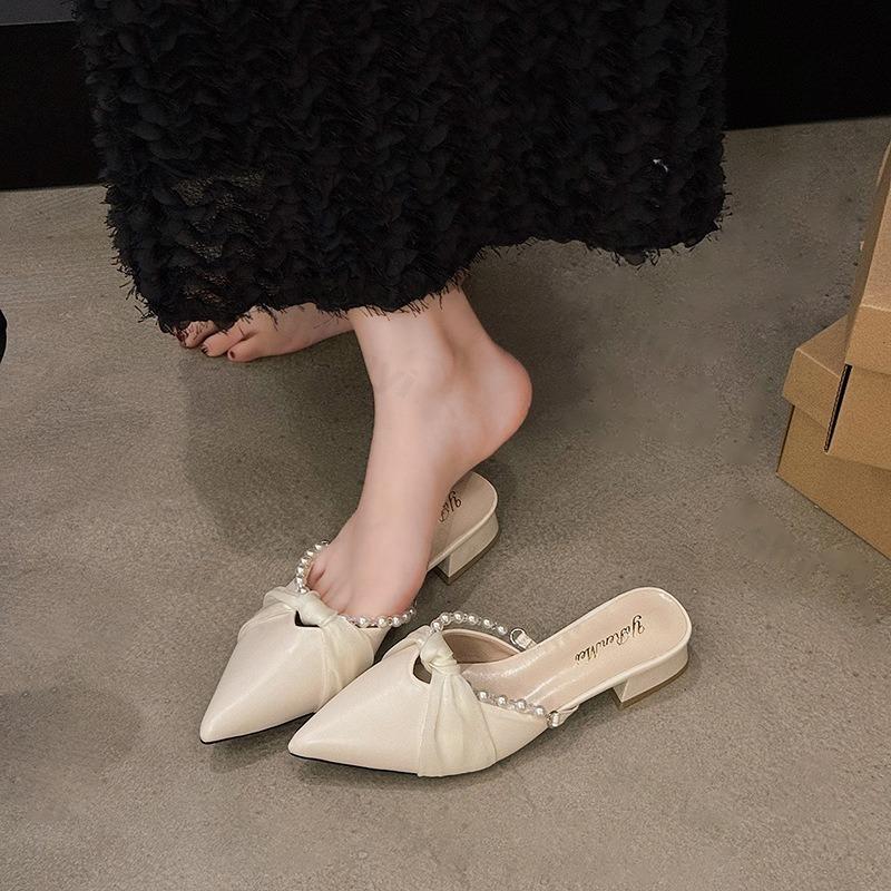 Summer Women's Slippers 2026 Butterfly-Knot Low Mules Shoes Pointed Toe French Casual Slide Fashion Pearl Outdoor Half Slippers