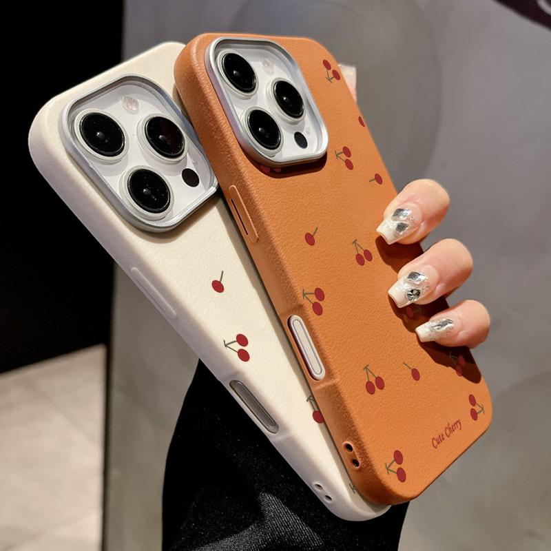 Little Cherry Print Slim for Magsafe Case For iPhone 16 Pro Max 15 14 Pro 13 12 11 TPU Matte Leather Texture Shockproof Soft Magnetic Phone Cover