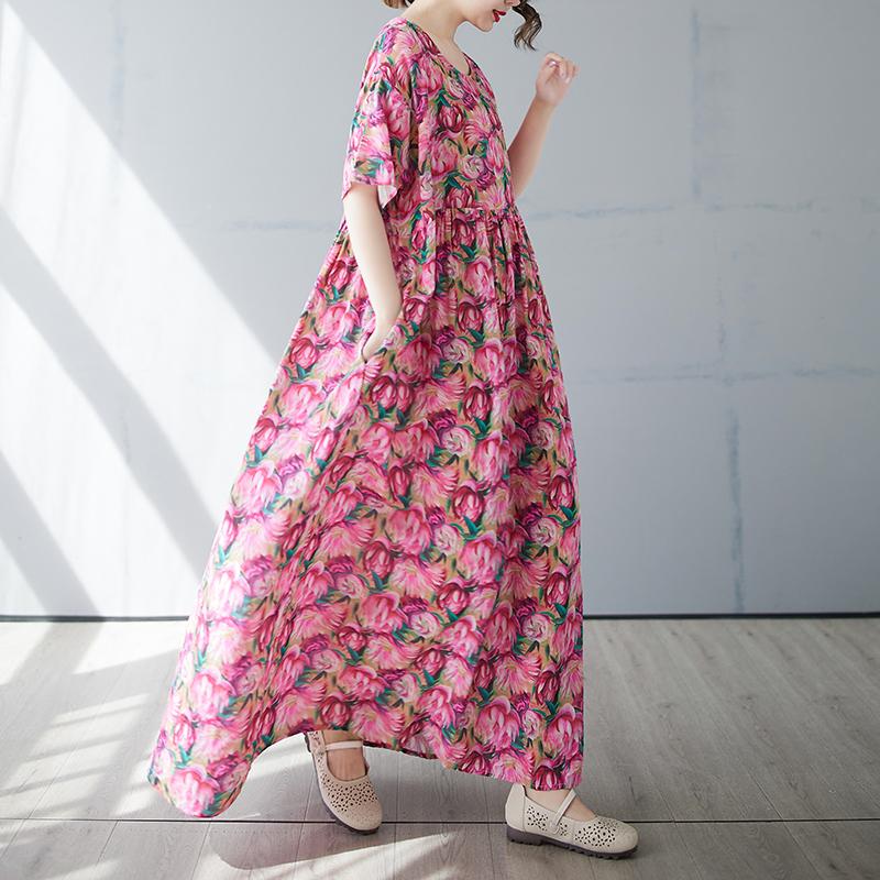 DIMANAF 2025 Sommer Übergröße Kleid Damen Vintage Floral Lässig Locker Basic Druck O-Ausschnitt Kleid Maxi