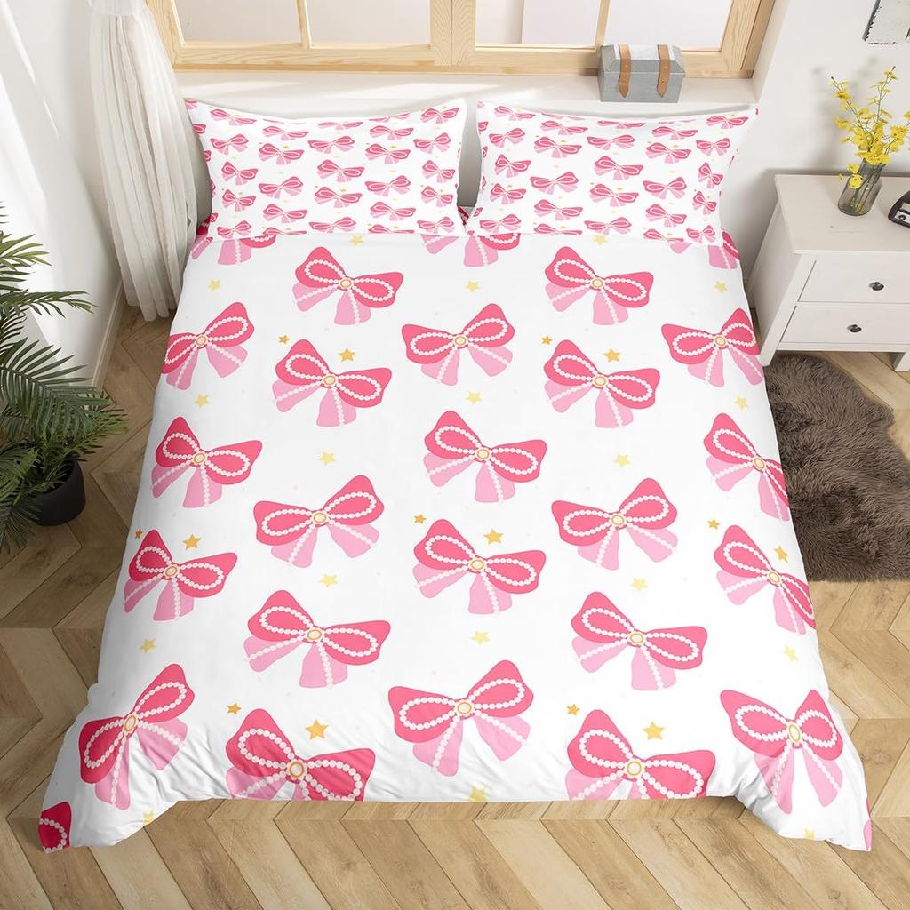 Princess Bowknot Duvet Cover Red Strawberry Polka Dots Bedding Set Hand Drawn Cartoon Comforter Cover Dreamy Fairy Quilt Cover