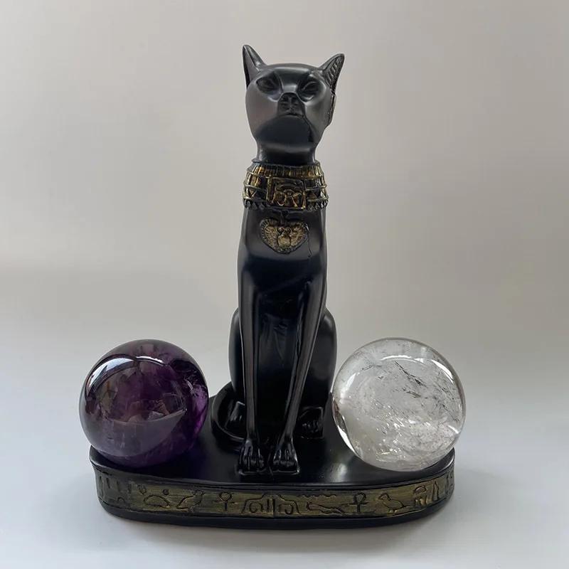 Adorno de base de bola de cristal de resina con forma de gato mago, estante tipo bola, adorno creativo para oficina, hogar, decoración de escritorio