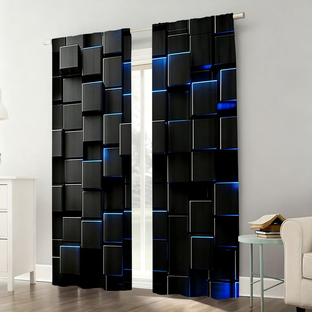 2PC Black Blue Neon Cube Sheer Curtains - Futuristic Tech-Style Print Window Drapes for Living Room Bedroom Decor
