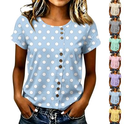 Women's Casual Polka Dot Short Sleeve T Shirt Button Front Round Neck Lightweight Soft Fabric Relaxed Fit Top