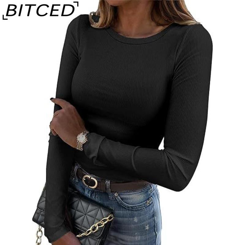 BITCED Women s Long-Sleeved Stretch O-Neck Ribbed T-Shirt Fitted Casual Basic Top S