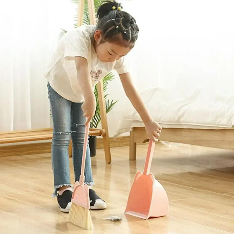 Mini Children Broom and Dustpan Cartoon Cat Flexible Bristles Kids Pretend Play Toddlers Indoor Outdoor Floor Sweeping Tool Set